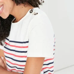 Joules Harbour Stripe Short Sleeved Top Cream Stripe -Equestrian Riding Clothing Store Joules Harbour Stripe Womens Short Sleeved Button Shoulder Top 1