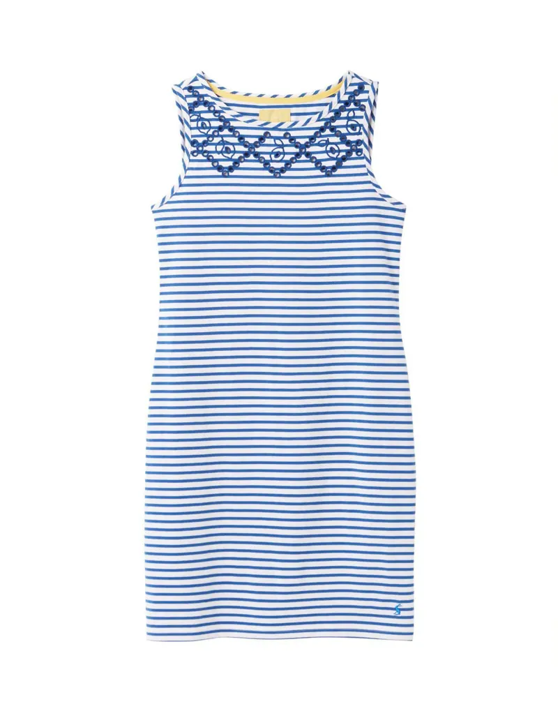 Joules Riva Print Sleeveless Jersey Dress White Blue Stripe 1 Joules Riva Print Sleeveless Jersey Dress White Blue Stripe