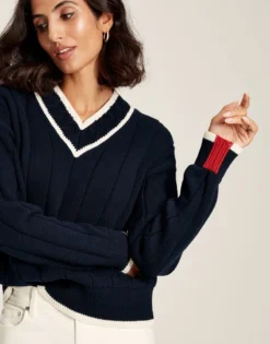 Joules Women's Dawson V-Neck Cricket Jumper - Navy Crème -Equestrian Riding Clothing Store cdn.joules 162
