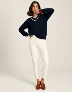 Joules Women's Dawson V-Neck Cricket Jumper - Navy Crème -Equestrian Riding Clothing Store cdn.joules 165
