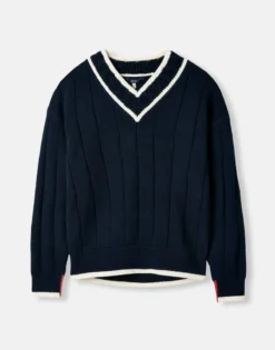 Joules Women's Dawson V-Neck Cricket Jumper - Navy Crème -Equestrian Riding Clothing Store cdn.joules 166