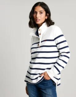 Joules Women's Southwold Button Sweatshirt - Navy Crème Stripe -Equestrian Riding Clothing Store cdn.joules 90